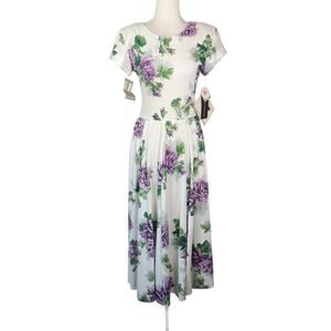Vintage 90s Carol Anderson White Purple Floral Drop Waist Maxi Dress 8